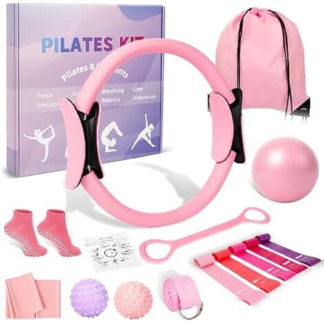 Anneau De Pilates - Ballon De Yoga - 5 Bandes De Resistance - Sangle D Etirement - Anneau En Huit - 2 Balles De Massage - Kit Complet 14 Pieces