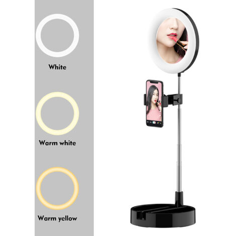 Anneau lumineux portable avec support et support pour téléphone, 11 pouces, intensité variable, 3 modes de couleur et 10 niveaux de luminosité, alimenté par USB, pour selfies de maquillage