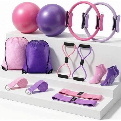 Anneau Pilates - Ballon Pilates - Kit Équipement Fitness Maison avec Bandes de Résistance, Sangle Yoga, Chaussettes Antidérapantes, Sac de Transport - 2 Sets (Violet et Rose) - 12 Pièces