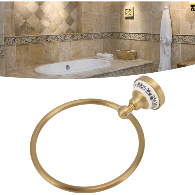 Ugreat - Anneau porte-serviettes mural, finition Bronze Antique, barre à serviettes de salle de bains en porcelaine bleue et blanche