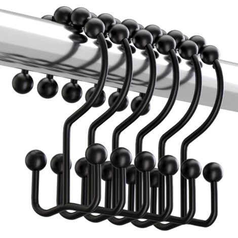 Anneaux de rideau de douche noirs, 7,7 cm de long, 6 anneaux de douche doubles antidérapants en métal résistant à la rouille.