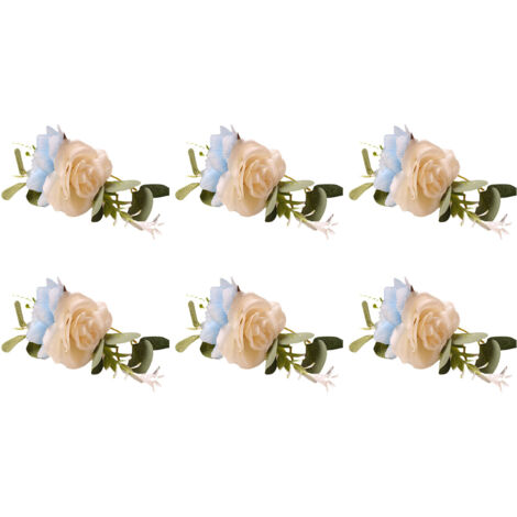 Anneaux de serviette - 6 Pièces Boucles décoratives florales en tissu avec roses et eucalyptus - Décoration de table élégante