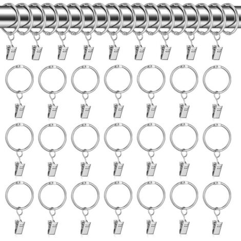 Anneaux pour Rideaux,30 pcs Anneau Rideau avec Pinces,32mm Clips de Rideau Anneaux,Argent Crochet Rideau,Anneaux pour Tringle à Rideaux,Métal Drapé Clip Crochets,Crochet Rideau pour la Bain,Balcon