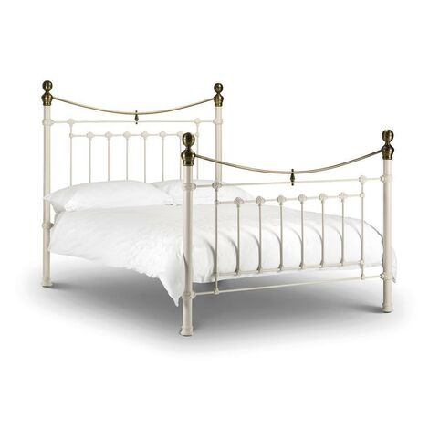 Annetta STONE WHITE & Brass Metal Bed Frame 5ft Kingsize 150 x 190