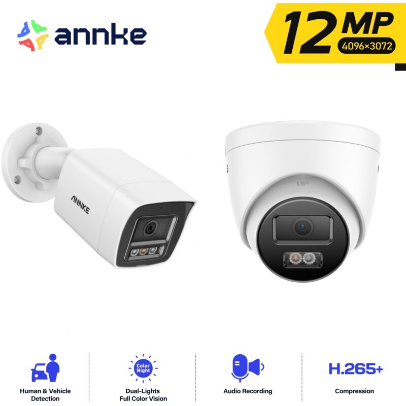 12MP Caméra Surveillance Interieur Extérieure,Détection Personne/Véhicule,Couleur Vision Nocturne Accès Distance,1 Balle+1 Tower Caméra - Annke