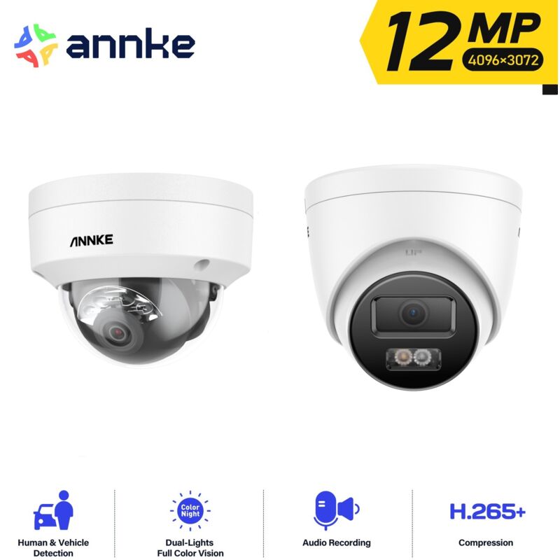 12MP Caméra Surveillance Interieur Extérieure,Détection Personne/Véhicule,Couleur Vision Nocturne Accès Distance,1 Dôme+1 Tower Caméra - Annke