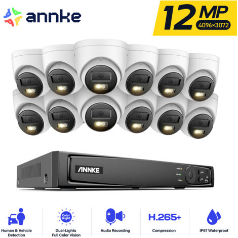 ANNKE 12MP Kit de videovigilancia para exteriores ,12 cámaras PoE exteriores de 12MP audio, detección de personas/vehículos NVR de 16 canales, visión nocturna en color