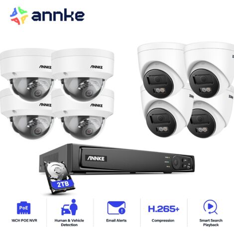 ANNKE 12MP Kits de Videovigilancia Cable,16CH NVR con 8X12MP Cámara PoE Color Visión Nocturna Acceso Remoto 4 Dôme+4 Tower,2TB HDD