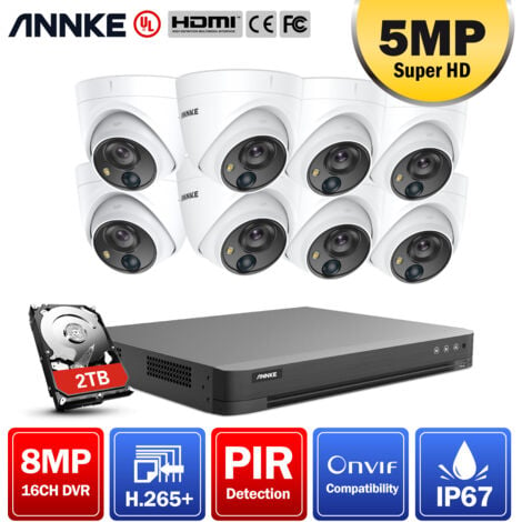 SANNCE ANNKE 16 canales 4K Ultra HD DVR Sistema de cámara de seguridad CCTV con cable con cámaras de torreta Super HD de 5MP Detección ONVIF PIR para videovigilancia al aire libre Kits 8 cámaras - Disco duro