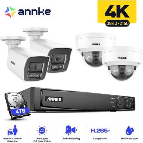 ANNKE 16CH 4K PoE Système de Caméras de Sécurité,8MP 4 Bullet + 4 Dome Caméra de Surveillance Extérieure Vision Nocturne,4TB