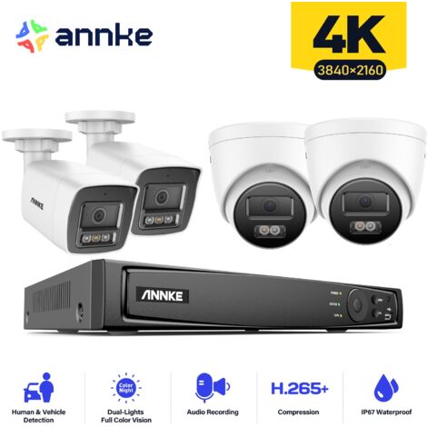 ANNKE 16CH 4K PoE Système de Caméras de Sécurité,8MP 4 Bullet + 4 Tower Caméra de Surveillance Extérieure Vision Nocturne