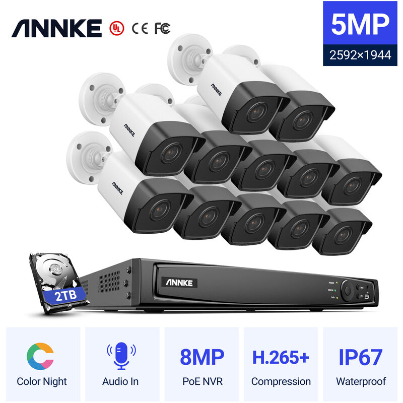 

16CH Sistema de seguridad de red Super HD PoE 5MP 12 Cámaras Estilo A - 2TB - Annke