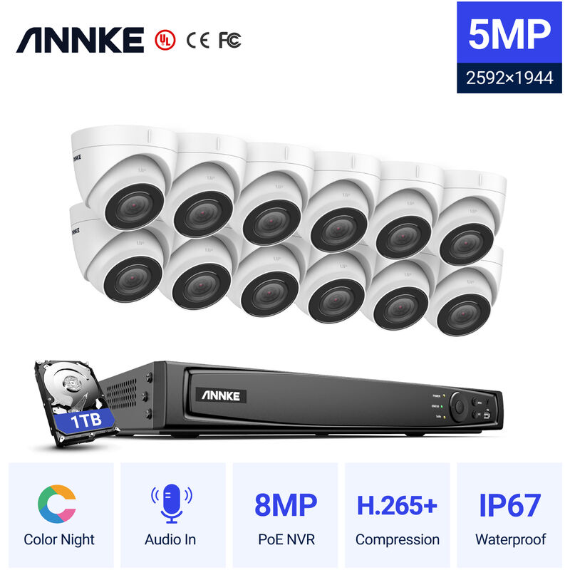 

ANNKE 16CH Sistema de seguridad de red Super HD PoE 5MP 12 Cámaras Estilo B - 1TB