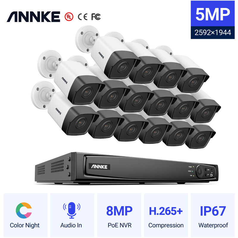 

ANNKE 16CH Sistema de seguridad de red Super HD PoE 5MP 16 Cámaras Estilo A - sin disco duro