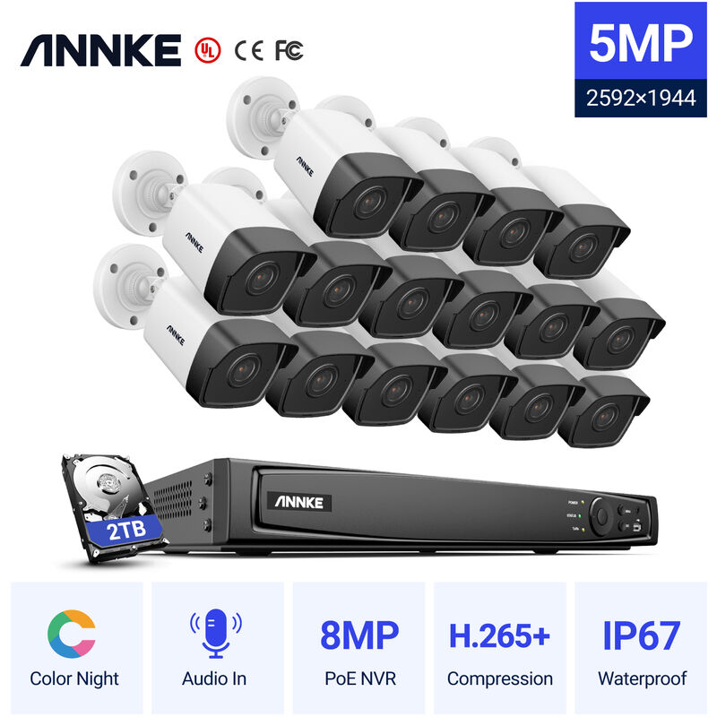 

ANNKE 16CH Sistema de seguridad de red Super HD PoE 5MP 16 Cámaras Estilo A - 2TB