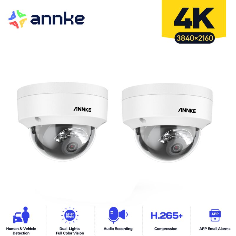 2pcs 4K Dôme Caméra Surveillance Interieur Extérieure avec Détection Personne/Véhicule,Couleur Vision Nocturne Accès Distance - Annke