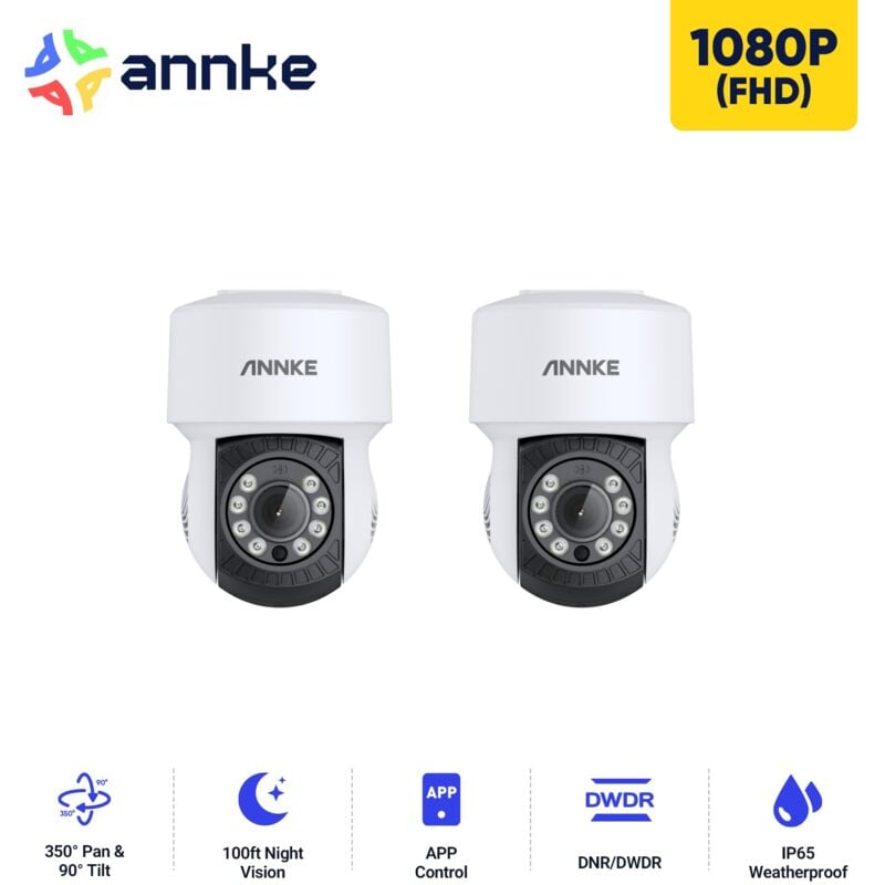 2PCS Caméra de surveillance 1080P 2MP ahd Dome pt Filaire 350° Pan & 90° Tilt Vision Nocturne Extérieur Sécurité IP65 Caméra - Annke