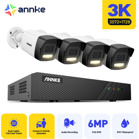 ANNKE 3K 8 Channel 4 Cameras PoE Security System, Color & IR Night Vision, 30721728 Resolution, Human & Vehicle Detection, Built-in Microphone, IP67  - NO HDD