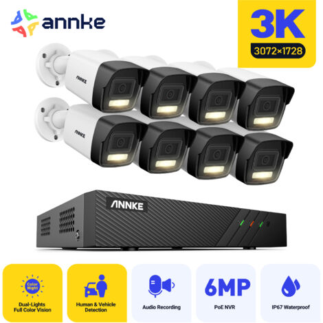 ANNKE 3K 8 Channel 8 Cameras PoE Security System, 30721728 Resolution,Color & IR Night Vision, Human & Vehicle Detection, Built-in Microphone - NO HDD