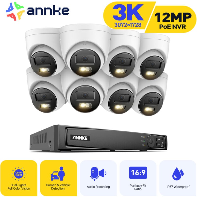 Annke - 3K Caméra de Surveillance Extérieure,Kit Vidéo Surveillance avec 16CH nvr et 8X5MP Caméra ip PoE,Vision Nocturne Couleur,Détection