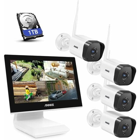 ANNKE 3MP kabelloses Überwachungskamera-Set mit 10,1-Zoll-Bildschirm, 4CH 5MP NVR und 4 IP-Kameras, Audioaufzeichnung, Infrarot-Nachtsicht, kompatibel mit Alexa, 1 TB Festplatte