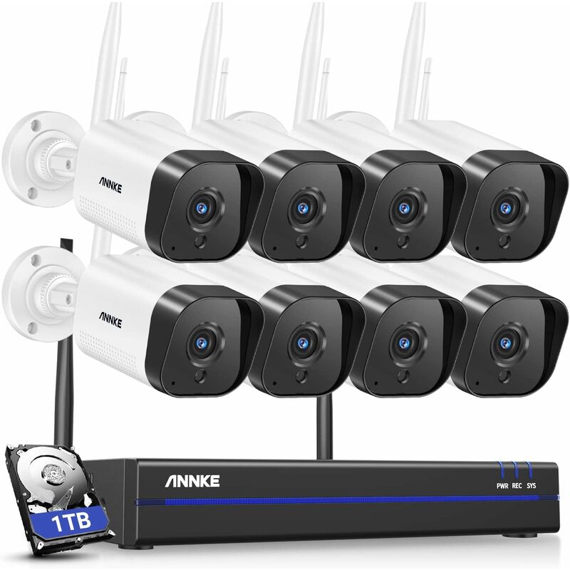 3MP Kit de Surveillance sans fil WiFi 8CH 5MP nvr avec 1 To Disque dur, 8 Caméras de Surveillance IP,30 m ir Vision nocturne, Enregistrement Audio