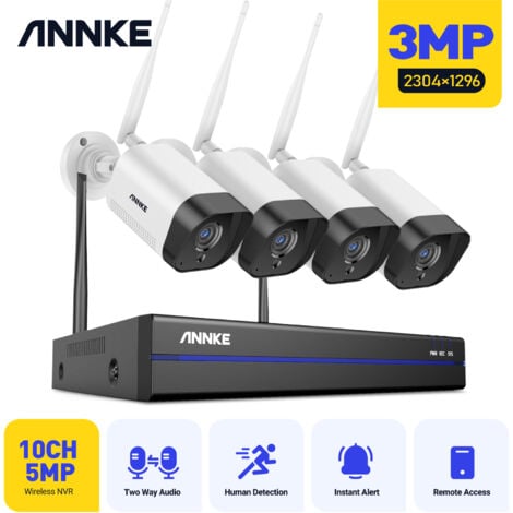 ANNKE 3MP WiFi Wireless Surveillance Kit 8CH 5MP NVR 4 IP-Überwachungskameras, 30 m IR-Nachtsicht, Audioaufzeichnung für den Außenbereich, keine Festplatte