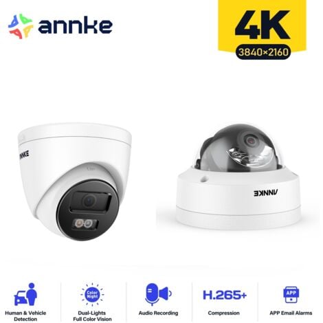 ANNKE 4K Caméra Surveillance Interieur Extérieure,Détection Personne/Véhicule,Couleur Vision Nocturne Accès Distance,1 Dôme+1 Tower Caméra