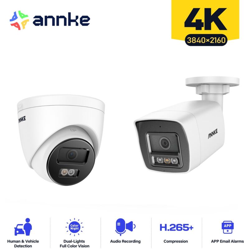 Annke - 4K Caméra Surveillance Interieur Extérieure,Détection Personne/Véhicule,Couleur Vision Nocturne Accès Distance,1 Balle+1 Tower Caméra