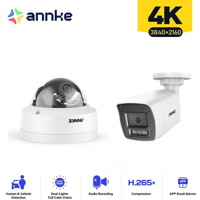 Annke - 4K Caméra Surveillance Interieur Extérieure,Détection Personne/Véhicule,Couleur Vision Nocturne Accès Distance,1 Dôme+1 Balle Caméra