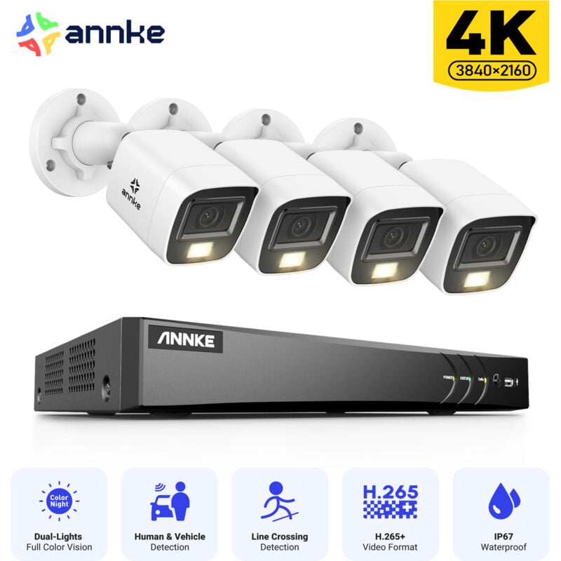 4K Kit Caméras de Vidéosurveillance Tourelle Extérieures Filaires,8CH dvr et 4 Caméras 8MP,Vision Nocturne Couleur et IR,IP67,Accès à Distance