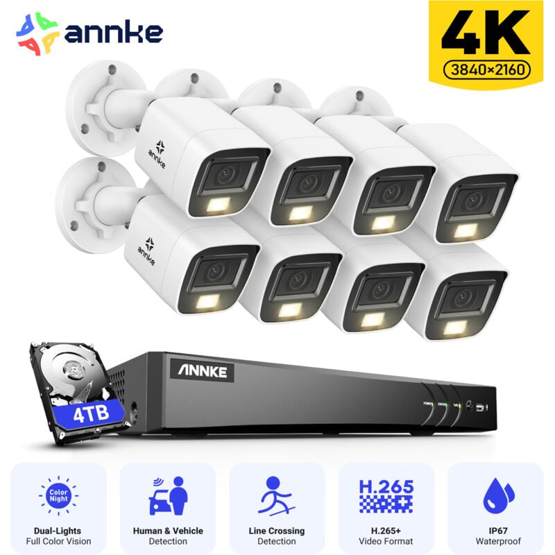 Annke - 4K Kit Caméras de Vidéosurveillance Tourelle Extérieures Filaires,8CH dvr et 8 Caméras 8MP,Vision Nocturne Couleur et IR,IP67,Accès à