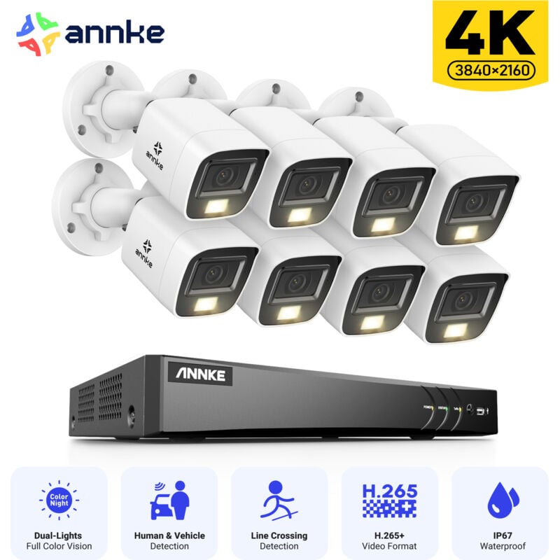 Annke - 4K Kit Caméras de Vidéosurveillance Tourelle Extérieures Filaires,8CH dvr et 8 Caméras 8MP,Vision Nocturne Couleur et IR,IP67,Accès à