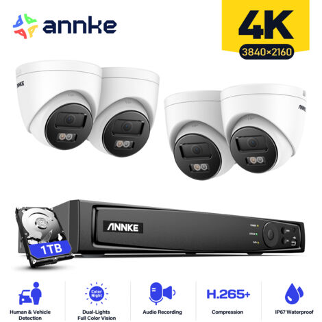 ANNKE 4K Kit Caméras Surveillance POE 4×8MP Caméra Intelligente Double Lumière Vision Nocture Alerte E-Mail Détection Mouvement Kit Vidéosurveillance 1TB