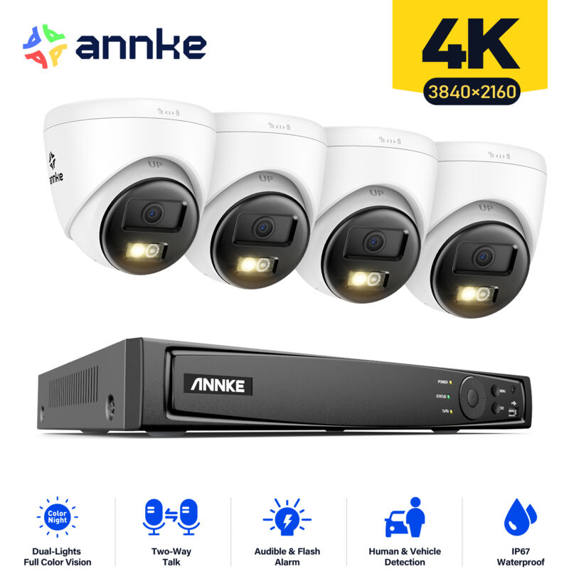 4K Kit de Vidéosurveillance Exterieure 8CH nvr 4×Caméras Intelligente Double Lumière Audio 2 Voies,Vision Nocturne,Alarme E-Mail Kit Caméra de