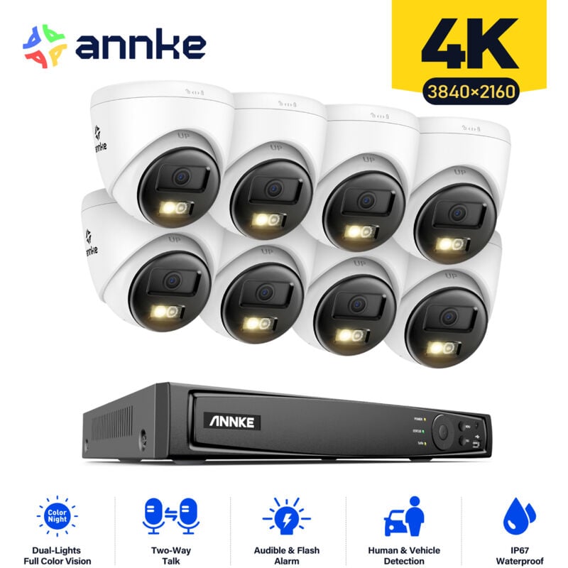 Annke - 4K Kit de Vidéosurveillance Exterieure 8CH nvr 8×Caméras Intelligente Double Lumière Audio 2 Voies,Vision Nocturne,Alarme E-Mail Kit Caméra