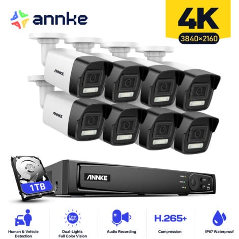 ANNKE 4K Kit de Vidéosurveillance Extérieure POE NVR avec 8 Caméras Vision Nocturne Couleur EXIR 2.0 avec Audio,Enregistrement 24/7 Kit Caméra de Surveillance Filaire - Disque dur de 1 To