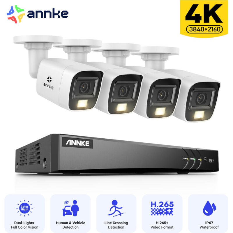 Annke - 4K Kit de Vidéosurveillance Extérieures Filaires 8CH DVR,4 Caméras 8MP,Vision Nocturne Couleur et IR,Accès à Distance Système de