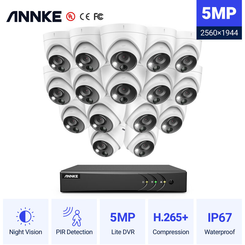 

ANNKE Sistema de cámara de seguridad con cable de 16CH 5MP H.265 Pro + DVR Vigilancia con cámaras para exteriores PIR de 16pcs 5MP - sin disco duro