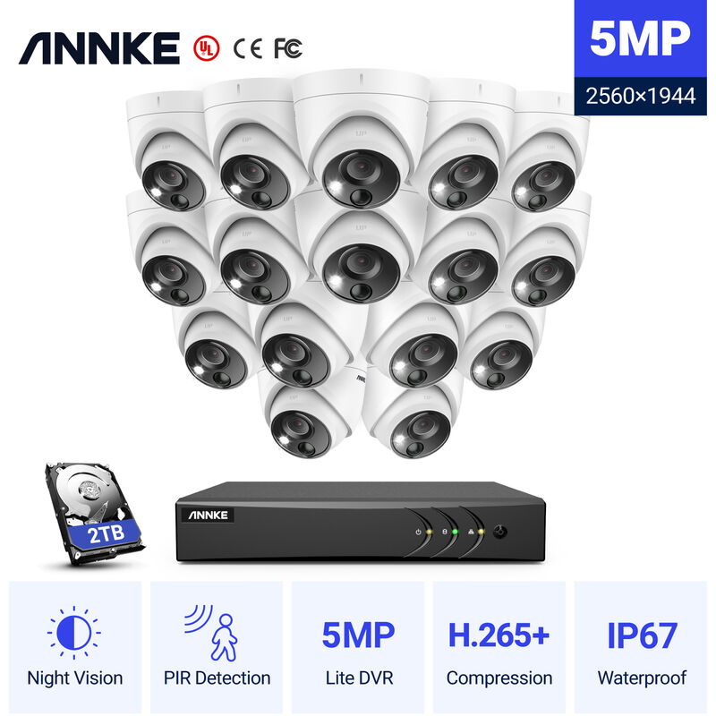 

ANNKE Sistema de cámara de seguridad con cable de 16CH 5MP H.265 Pro + DVR Vigilancia con 16 cámaras de exterior PIR de 5MP - con disco duro de 2TB