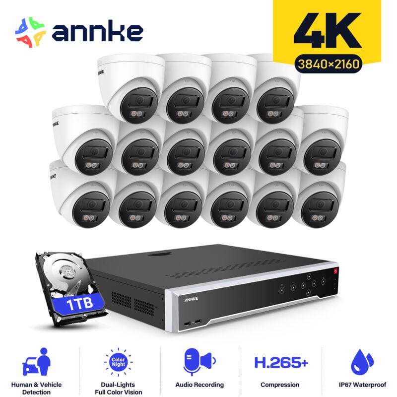 

ANNKE 4K Ultra HD PoE Sistema de cámara de seguridad de torreta con cámaras IP con cable para exteriores 12MP 32CH ONVIF NVR H.265 + Codificación de