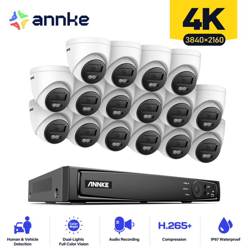 

Annke - 4K Ultra HD PoE Sistema de seguridad de video en red 16CH NVR 4K Vigilancia con compresión de video H.265 + 4K HD Torreta Cámaras IP con 16