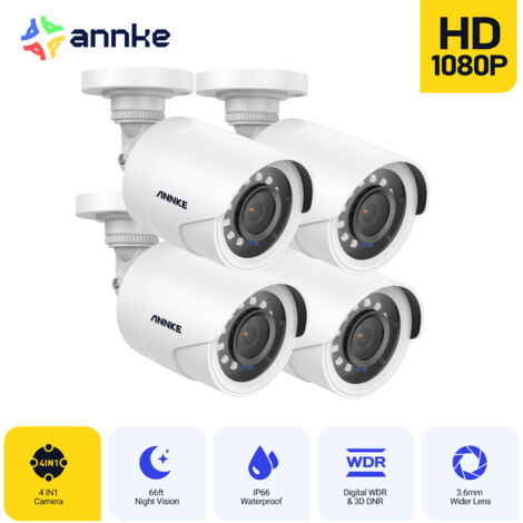 ANNKE 4PCS 1080p 4-in-1 AHD/TVI/CVI/CVBS Surveillance Camera, Bullet System IP66 Waterproof 2MP Security Camera