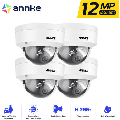 ANNKE 4PCS 12MP Caméra de Surveillance, Caméra de Vision Nocturne Couleur POE Extérieure, Détection de Personnes/Véhicules, Étanchéité IP67, Surveillance Vidéo 24h/7
