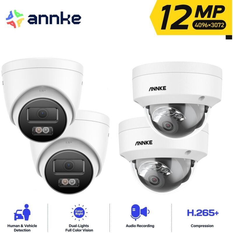 4PCS 12MP Caméra Surveillance Interieur Extérieure,Détection Personne/Véhicule,Couleur Vision Nocturne Accès Distance,2 Tower +2 Dôme Caméra - Annke