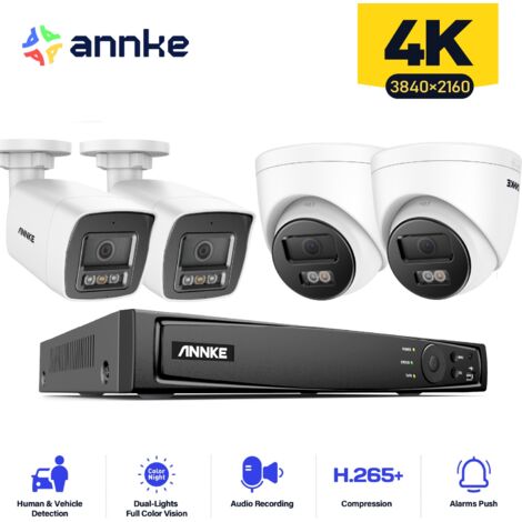 ANNKE 4PCS 12MP Sistema di telecamere di sorveglianza interni esterni, rilevamento di persone/veicoli, accesso remoto per visione notturna a colori, 2 Bullet + 2 Torri Telecamere 0TB