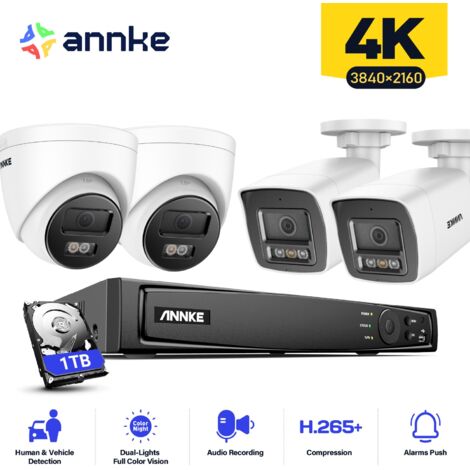 ANNKE 4PCS 12MP Sistema di telecamere di sorveglianza interni esterni, rilevamento di persone/veicoli, accesso remoto per visione notturna a colori, 2 Bullet + 2 Torri Telecamere 1 TB