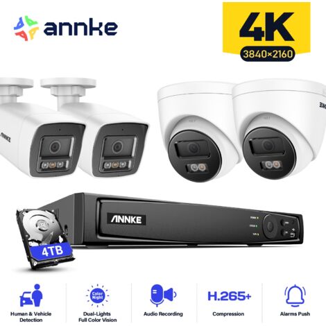 ANNKE 4PCS 12MP Sistema di telecamere di sorveglianza interni esterni, rilevamento di persone/veicoli, accesso remoto per visione notturna a colori, 2 Bullet + 2 Torri Telecamere 4TB