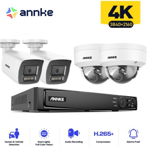 ANNKE 4PCS 12MP Sistema di telecamere di sorveglianza interni esterni, rilevamento di persone/veicoli, accesso remoto visione notturna colori, 2 Bullet + 2 Dome Telecamere 0TB