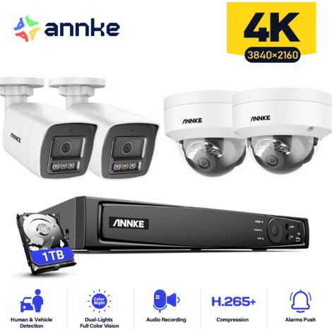 ANNKE 4PCS 12MP Sistema di telecamere di sorveglianza interni esterni, rilevamento di persone/veicoli, accesso remoto visione notturna colori, 2 Bullet + 2 Dome Telecamere 1 TB